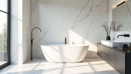 Modern bathroom with white marble walls, tiled floor, comfortable white bathtub standing near the...