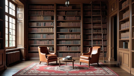 Interior of an old library with bookshelf and armchairの写真素材
