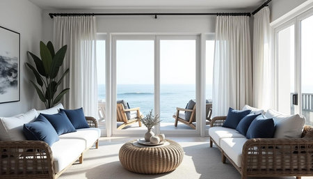 Modern living room with sea view. 3d rendering, 3d illustration.
