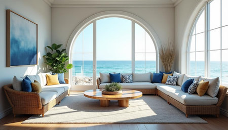 interior modern design living room with sea view, 3d renderの写真素材