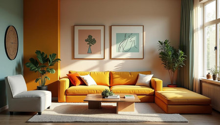 Interior of modern living room with yellow sofa and plants, 3d render