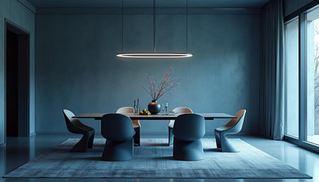 Contemporary dining room interior with blue walls, concrete floor, round wooden table and chairs. 3d...