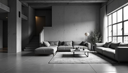 Interior of modern living room with concrete walls, tiled floor, gray sofa and coffee table. 3d renderingの写真素材