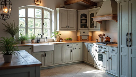 Luxury kitchen with white cabinets and beige backsplashの写真素材