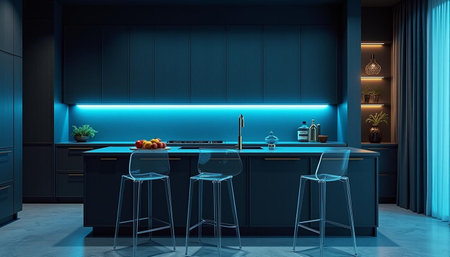3d render of modern kitchen in blue color with dark blue wallsの写真素材