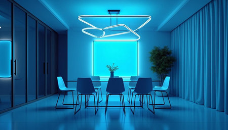 Interior of modern conference room with blue walls. 3D renderingの写真素材