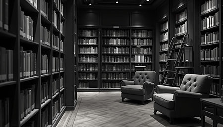 Luxury library interior with bookshelf and armchairs. 3d rendering