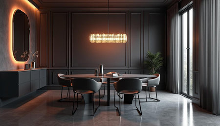 Interior of modern luxury restaurant with black and gray walls, concrete floor, round table with...