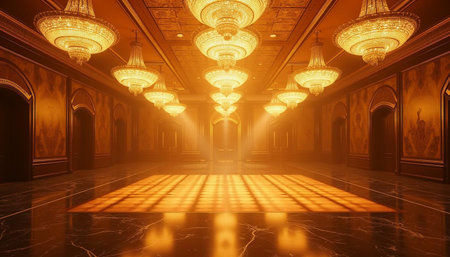 3d rendering of a dark corridor with a chandelier in the middle