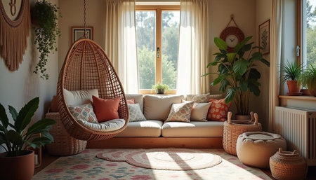 Interior of cozy living room with rattan sofa, armchair and plants.