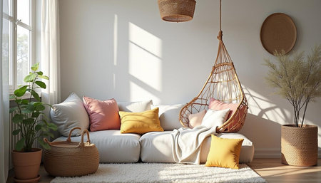 Interior of modern living room with comfortable sofa and rattan swing