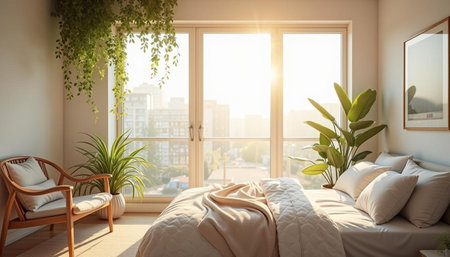 Interior of a modern bedroom with a large window overlooking the cityの写真素材