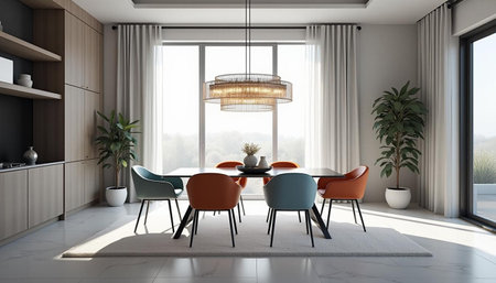 Interior of modern dining room with white walls, tiled floor, orange and blue armchairs and round...