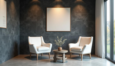 Interior of a modern living room with two white armchairs and a coffee table. 3d rendering mock up