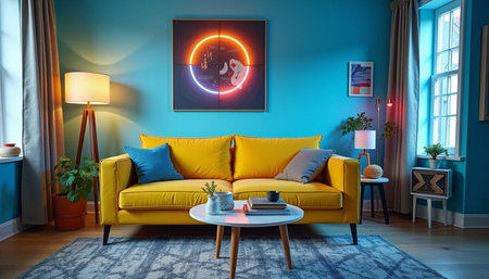 Interior of living room with yellow sofa, coffee table and blue walls