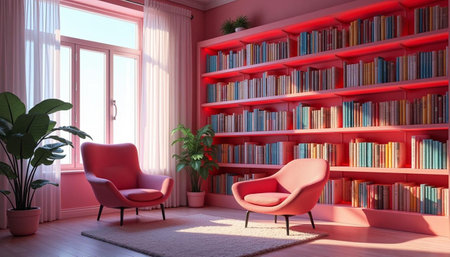 Interior of a modern living room with pink armchairs and bookshelfの写真素材