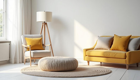 Modern bright interiors 3D rendering illustration. Living room with yellow sofa