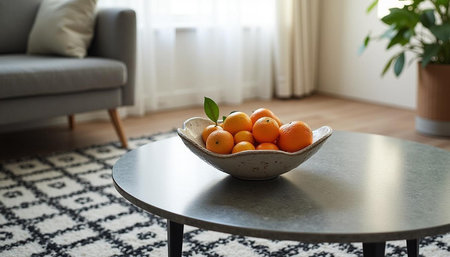 Oranges in a bowl on a table in the living room.