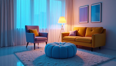 Interior of modern living room with yellow sofa and blue armchairの写真素材