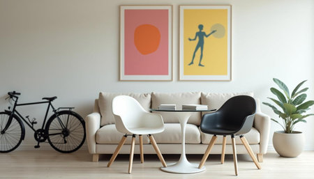 Interior of modern living room with comfortable sofa, coffee table and bicycleの写真素材