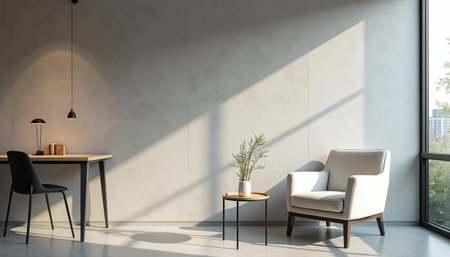 Interior of modern living room with white walls, concrete floor, comfortable armchair and coffee...