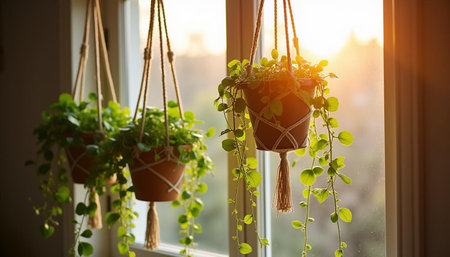 Plants in pots on the windowsill. Home gardening concept.の写真素材