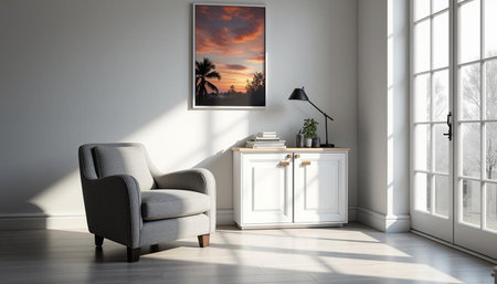 interior with armchair, coffee table and panoramic windowの写真素材
