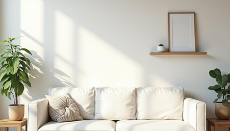 Interior of modern living room with white sofa, coffee table and plant. 3d renderの写真素材