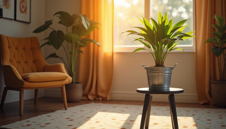 Vase with houseplant on table in living room. Interior designの写真素材
