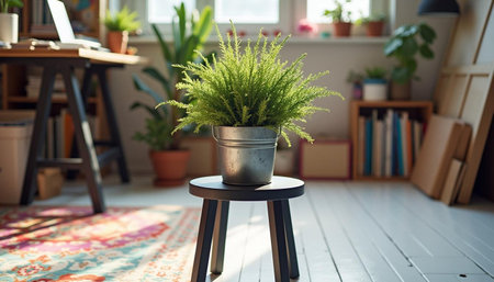 Interior of a living room with plants in a pot on a chairの写真素材