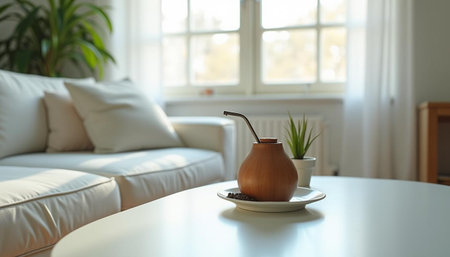 Cup of coffee on white table in modern living room, closeup