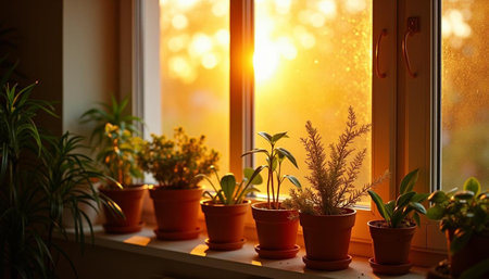 Plants in pots on windowsill at sunset. Gardening conceptの写真素材