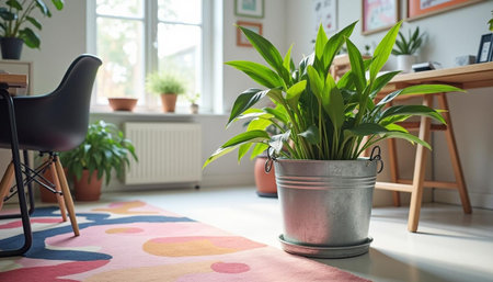 Interior of a modern living room with plants in a metal potの写真素材