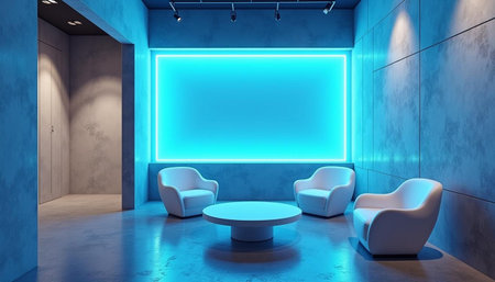 3D rendering of a modern office interior with a blue wall and white armchairs