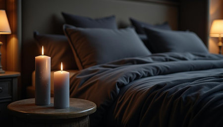 Comfortable bed with burning candles in modern bedroom. Space for textの写真素材