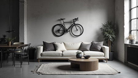 modern living room with white sofa, coffee table and bicycle 3d renderの写真素材