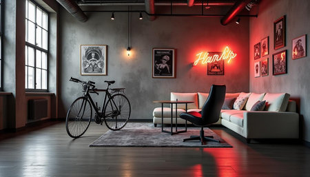 Interior of a loft living room with a sofa and a bicycle