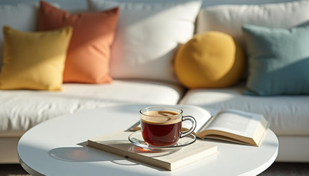 Cup of coffee and book on table in living room, closeupの写真素材