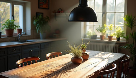 Interior of a modern kitchen with wooden table, chairs and plants