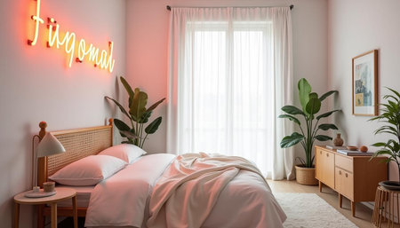 Interior of a bedroom with pink linens and potted plants