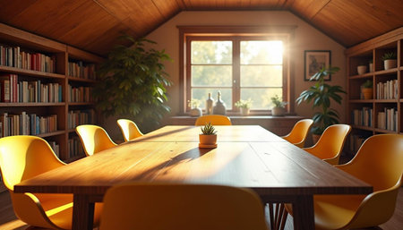 Wooden conference room with yellow chairs and wooden table. 3d renderingの写真素材