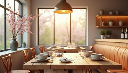 3d rendering of a modern cafe interior with wooden furniture and flowersの写真素材