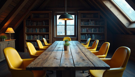 Interior of a modern office with wooden table and yellow chairs.の写真素材