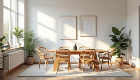 Interior of modern dining room with white walls, wooden floor, round wooden table and chairs. 3d renderの写真素材
