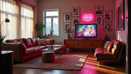 Interior of a living room with a red sofa and a TV set