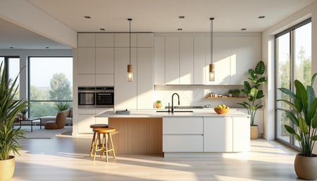 3d rendering white modern kitchen in a house with a beautiful design
