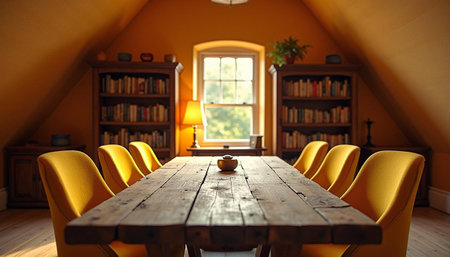 Interior of attic room with a wooden table and yellow chairs.の写真素材