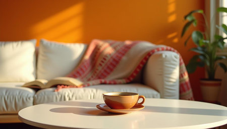 Cup of coffee on the table in the living room, stock photoの写真素材