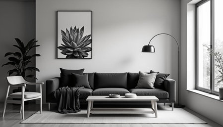 Interior of modern living room with gray walls, wooden floor, comfortable sofa and coffee table. 3d...