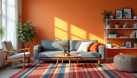 Interior of living room with orange wall and sofa 3D rendering